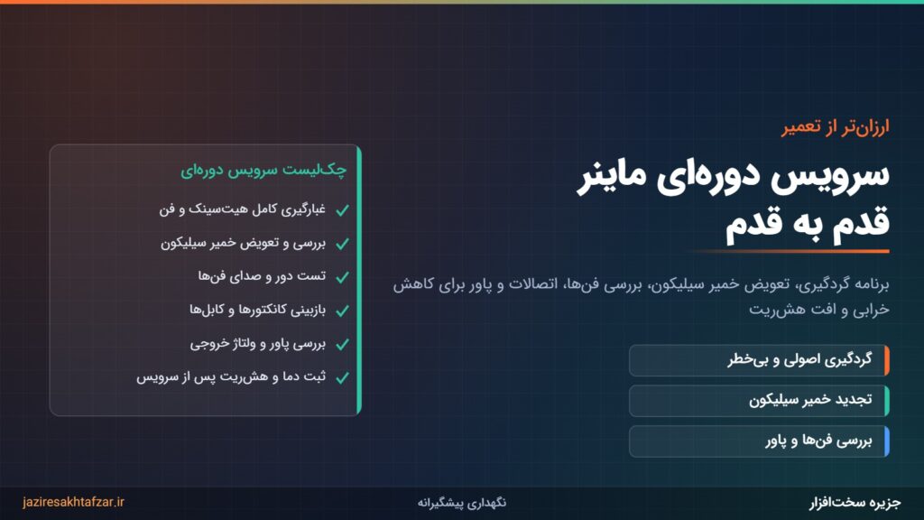 چک‌لیست سرویس دوره‌ای ماینر شامل غبارگیری، خمیر سیلیکون، فن، کابل و پاور